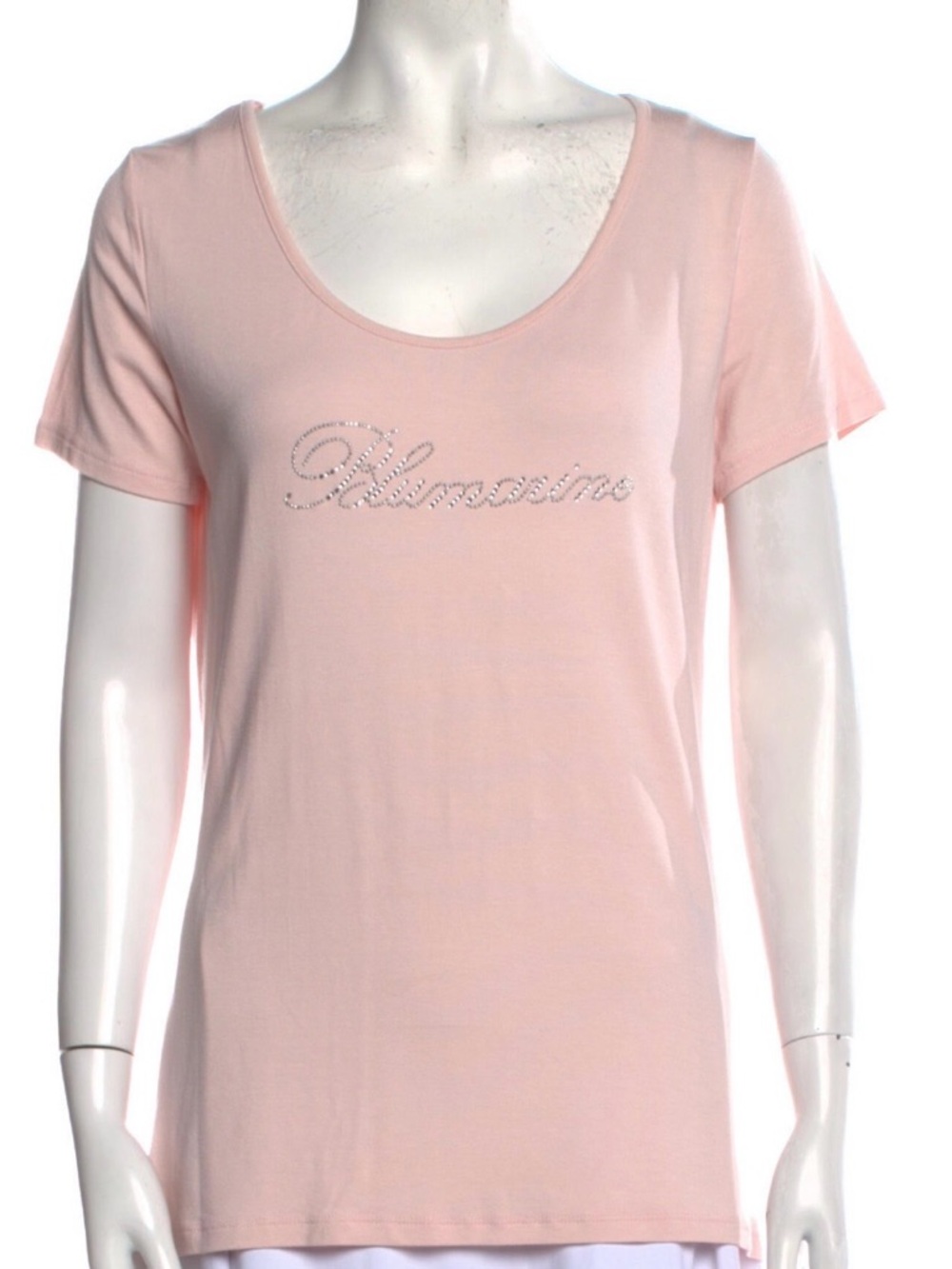 Blumarine Pale Pink Short Sleeve Scoop Neck Tee with Rhinestone Logo